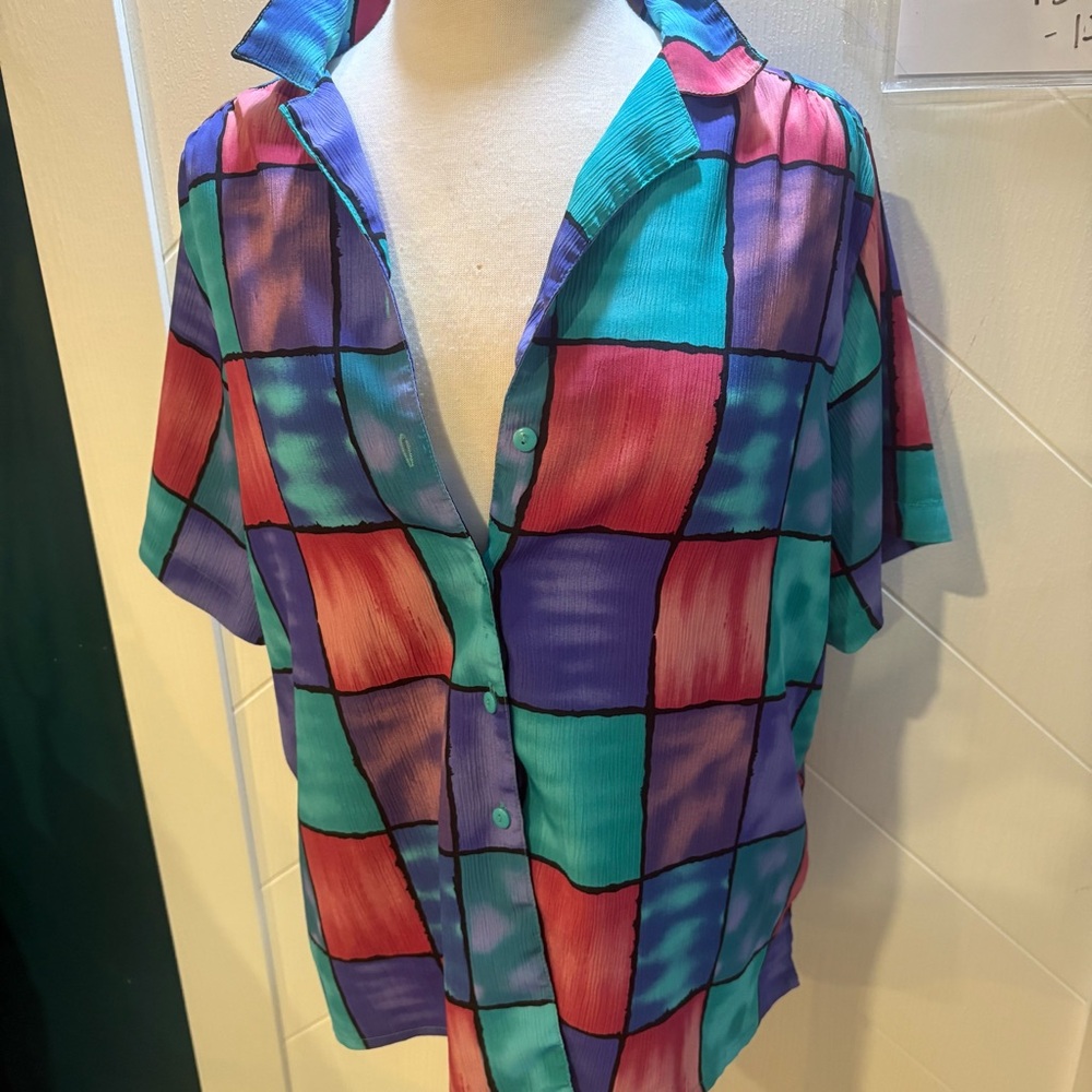 Vintage 90s Colorblock Geometric Abstract Button Down Short Sleeve Blouse Top‎ L - Picture 4 of 8